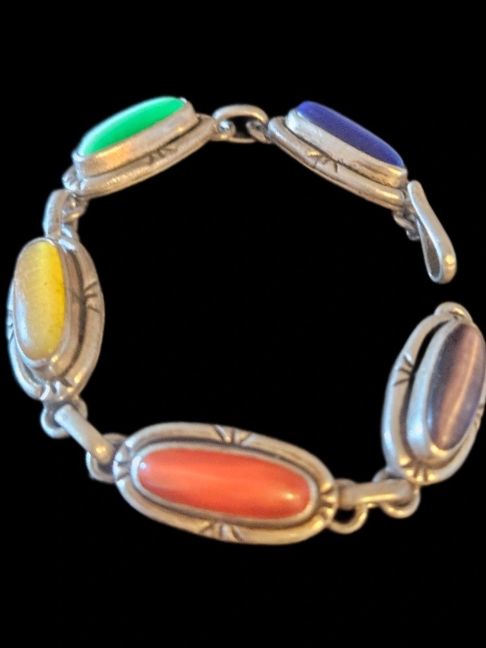 Vintage SW Sterling Silver 925 Multi Color Chatoyant Tiger Eye Link Bracelet 7"